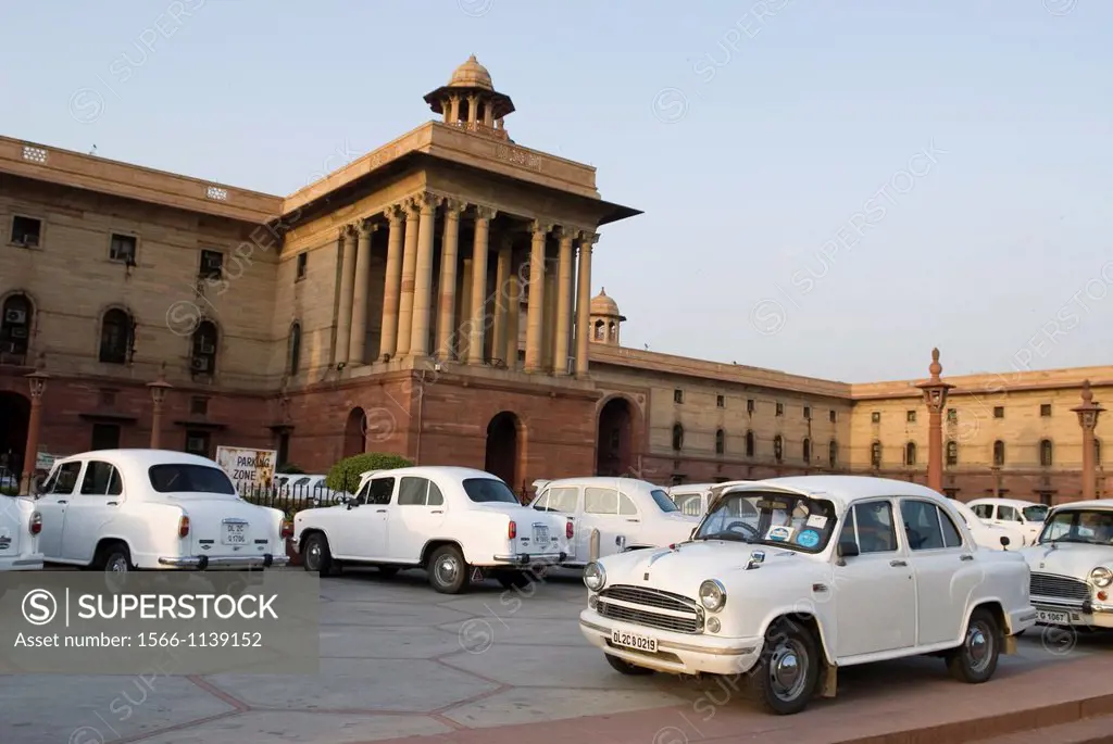 Ambassador cars in front of the ministerial building of government, New Delhi, India, Asia