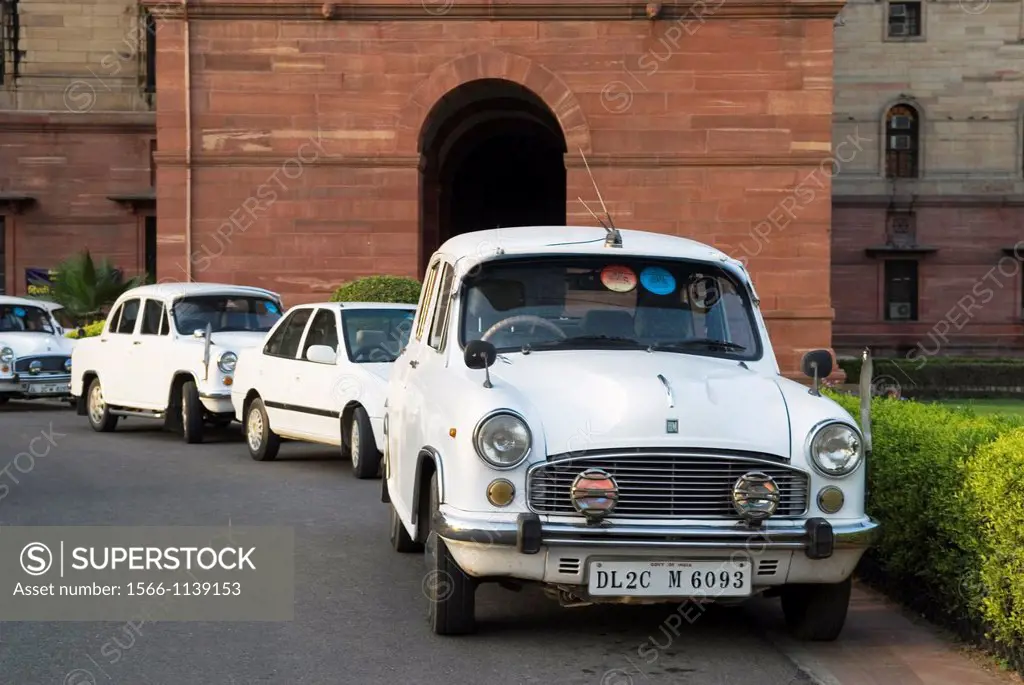 Ambassador cars in front of the ministerial building of government, New Delhi, India, Asia