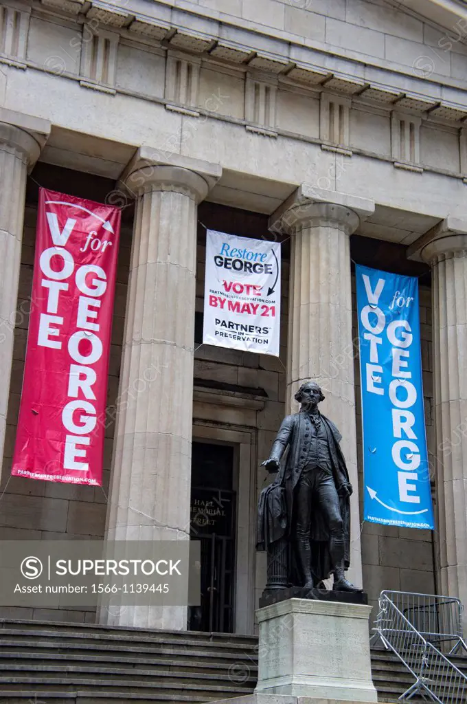 Statue of George Washington in front of the Federal Hall National Memorial. Wall Street. Financial District. Downtown Manhattan. New York, New York. U...