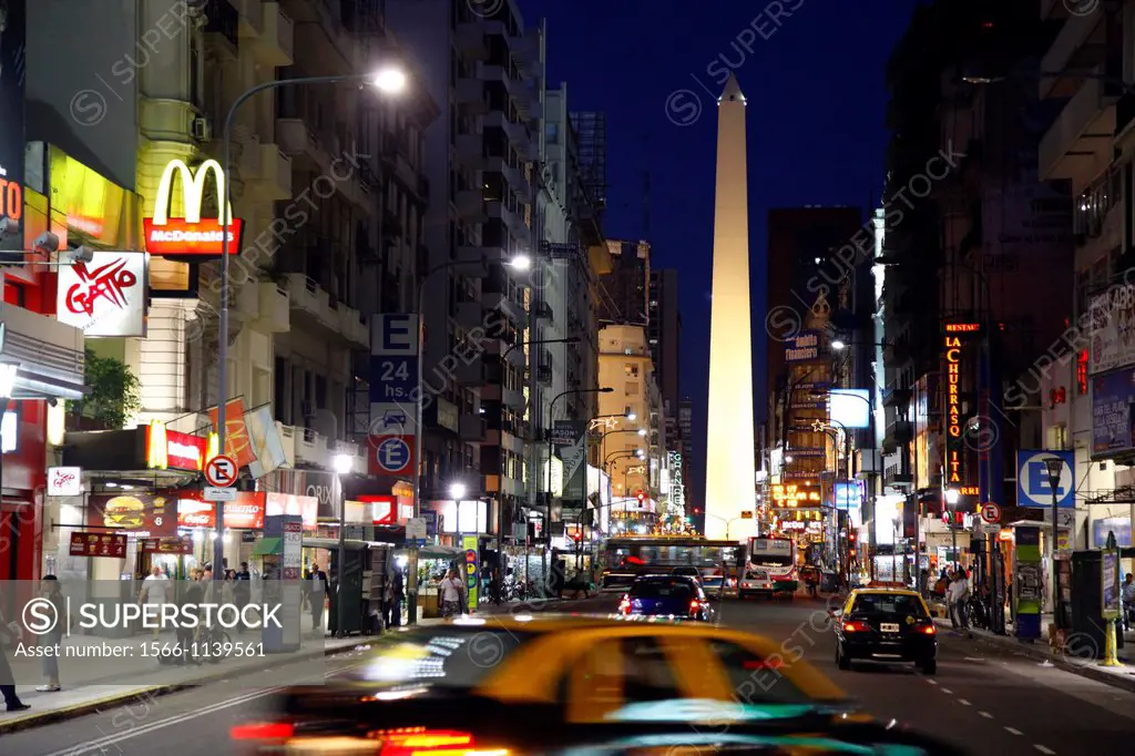 View over Avenida Corrientes with the Obelisco in the background, Buenos Aires, Argentina