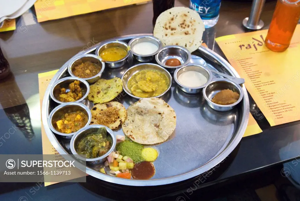 vegetarian thali served in Rajdhani restaurant, Connaught Place, New Delhi, India, Asia