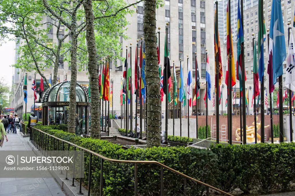 Row of international flags, Rockefeller Center, New York City, United States, America.