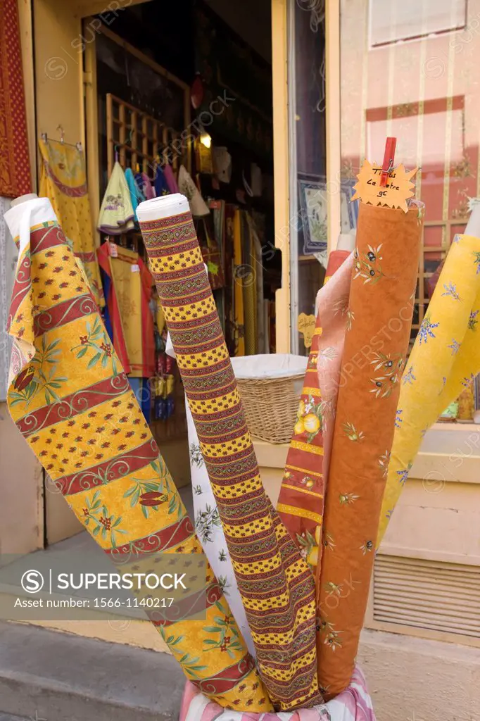 SELECTION OF TRADITIONAL PROVENCAL PRINTED FABRIC ROLLS IN SOUVENIR SHOP ARLES PROVENCE FRANCE
