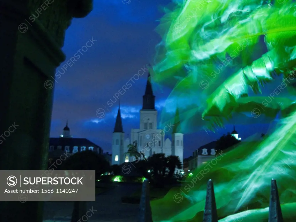 BILLOWING BANANA TREE LEAVES CATHEDRAL JACKSON SQUARE FRENCH QUARTER DOWNTOWN NEW ORLEANS LOUISIANA USA