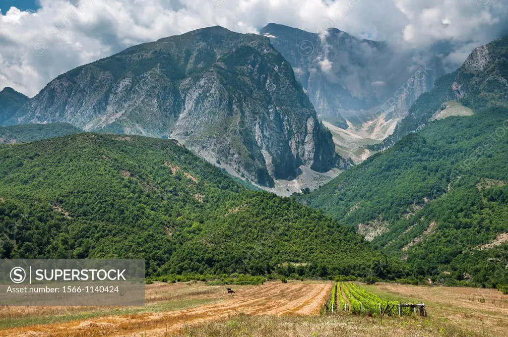 The Vjoses valley with the Nemercke mountains in the background, near Permet in southern Albania