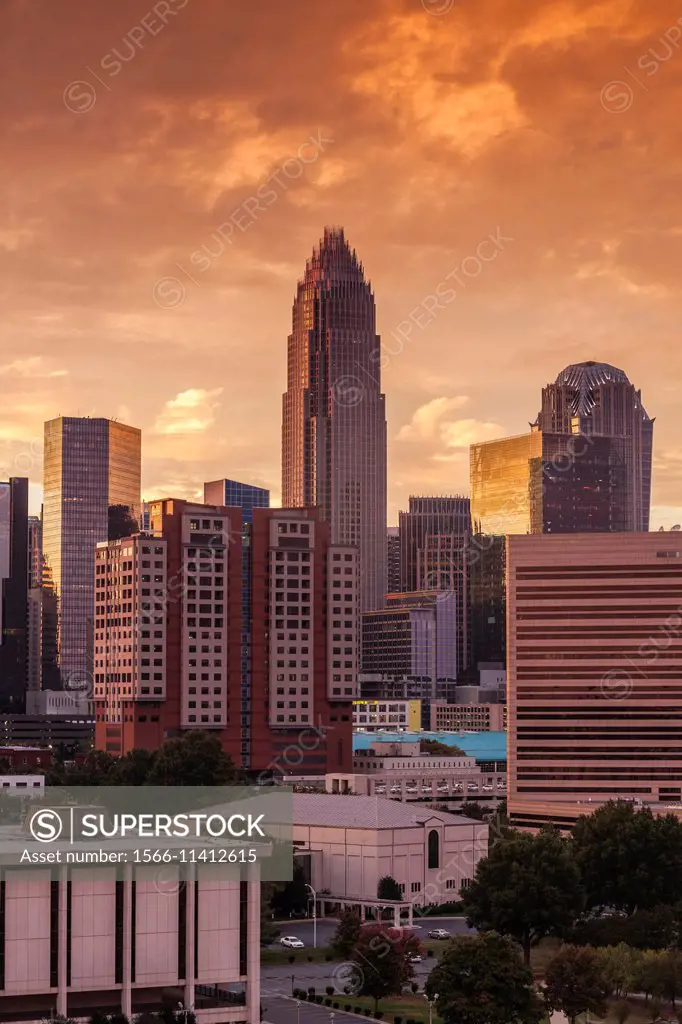 USA, North Carolina, Charlotte, elevated view of the city skyline from the southeast, sunset.