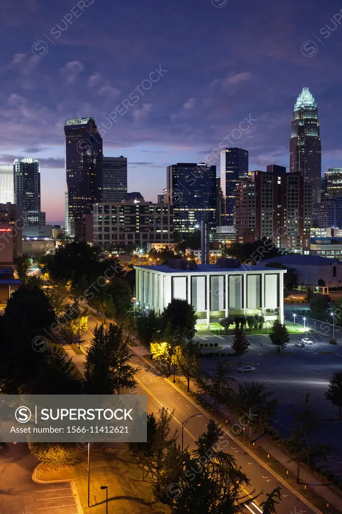 USA, North Carolina, Charlotte, elevated view of the city skyline from the southeast, dusk.