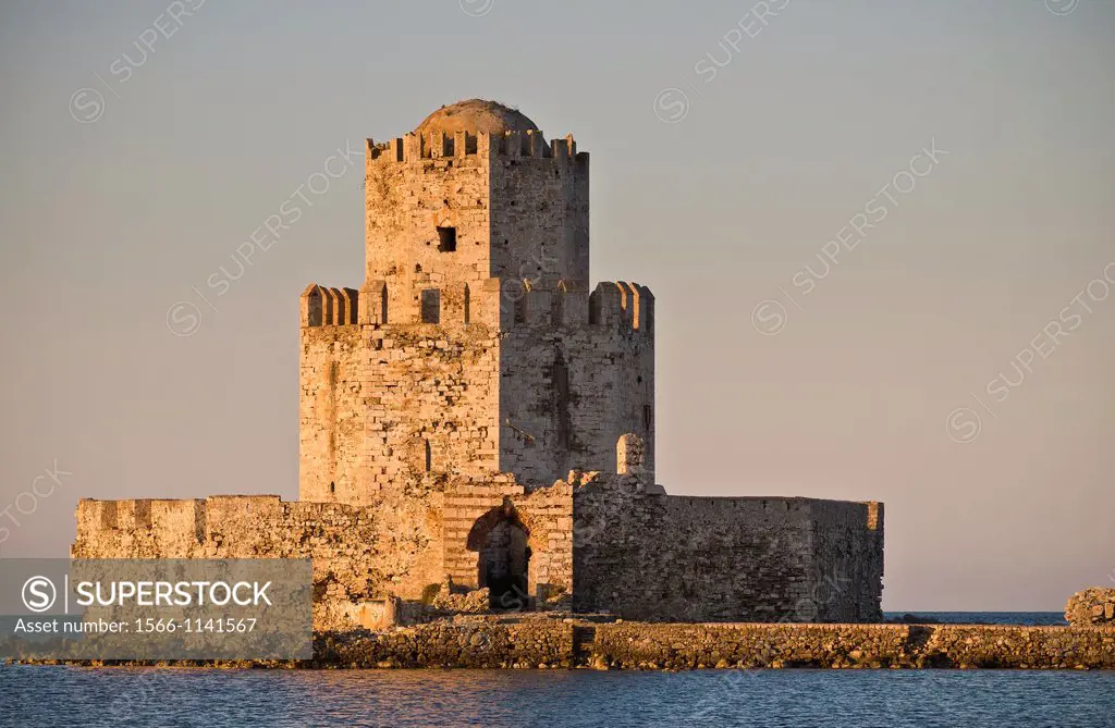 The Bourtzi tower a small fortified island and part of the fortress complex at Methoni, Messinia, Southern Peloponnese Greece  The tower was built by ...