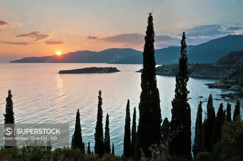 Sunset over Kalamitsi Bay between Stoupa and Kardamiyli in the Outer Mani, Messinia, Southern Peloponnese, Greece
