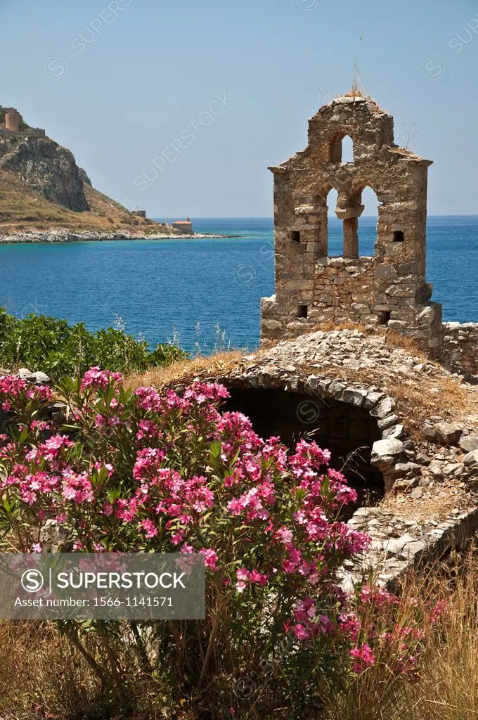 Ruined church on the coast at Limeni, in the Mani peninsular Messinia, Southern Peloponnese, Greece