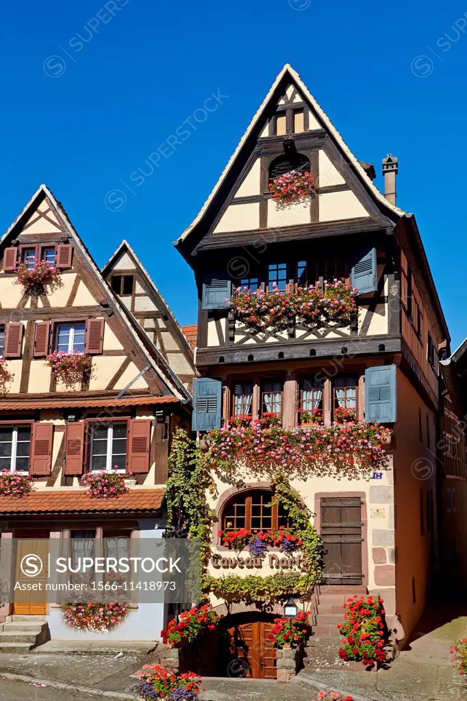 France,Alsace,Bas-Rhin (67),Wine Route,Dambach town,facade of two houses,tavern (Martz) and cottage,windows with flowers.