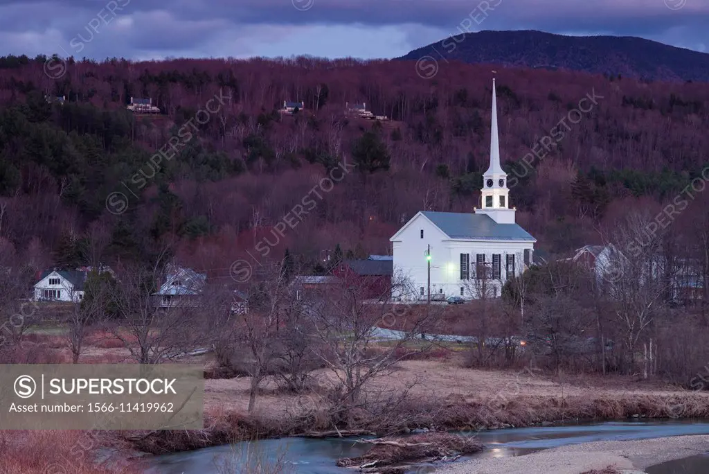 USA, Vermont, Stowe, Stowe Community Church, dusk.