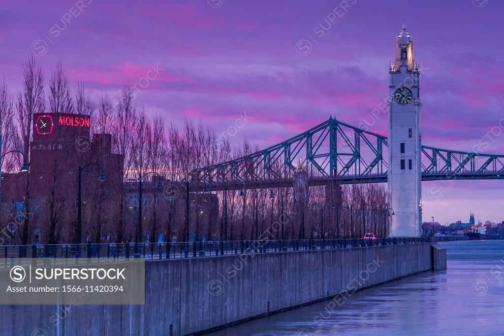 Canada, Quebec, Montreal, Old Port clocktower, dusk.