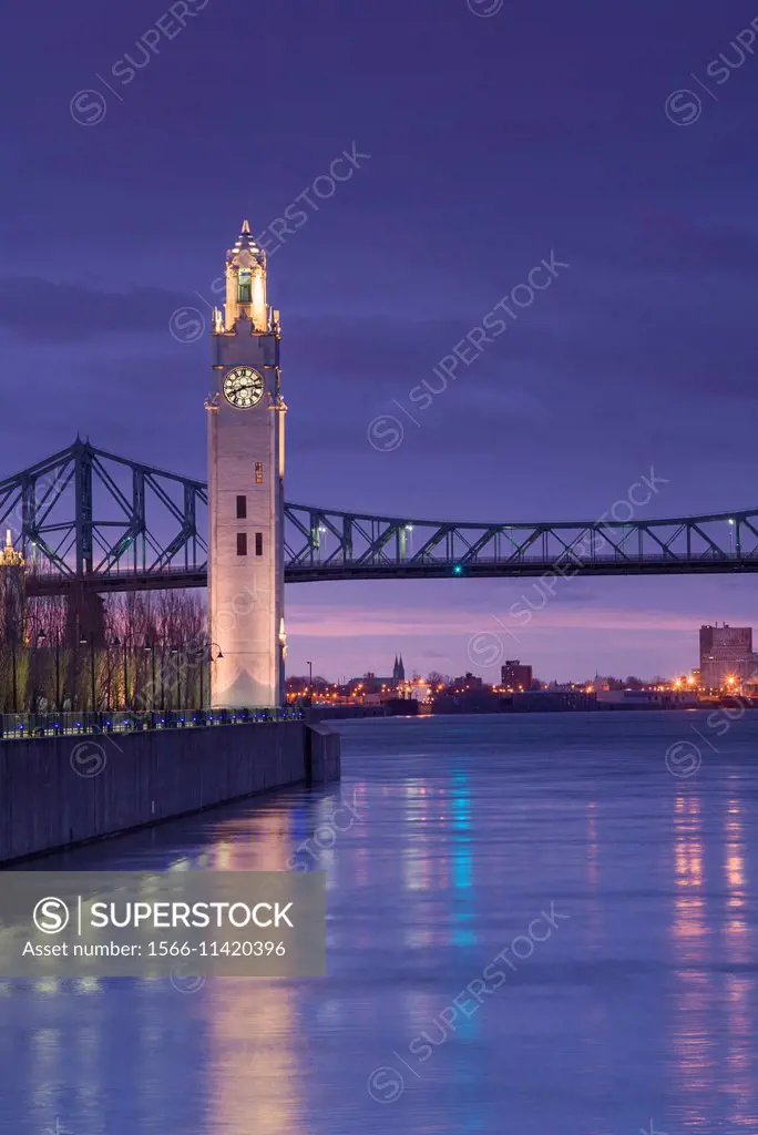 Canada, Quebec, Montreal, Old Port clocktower, dusk.