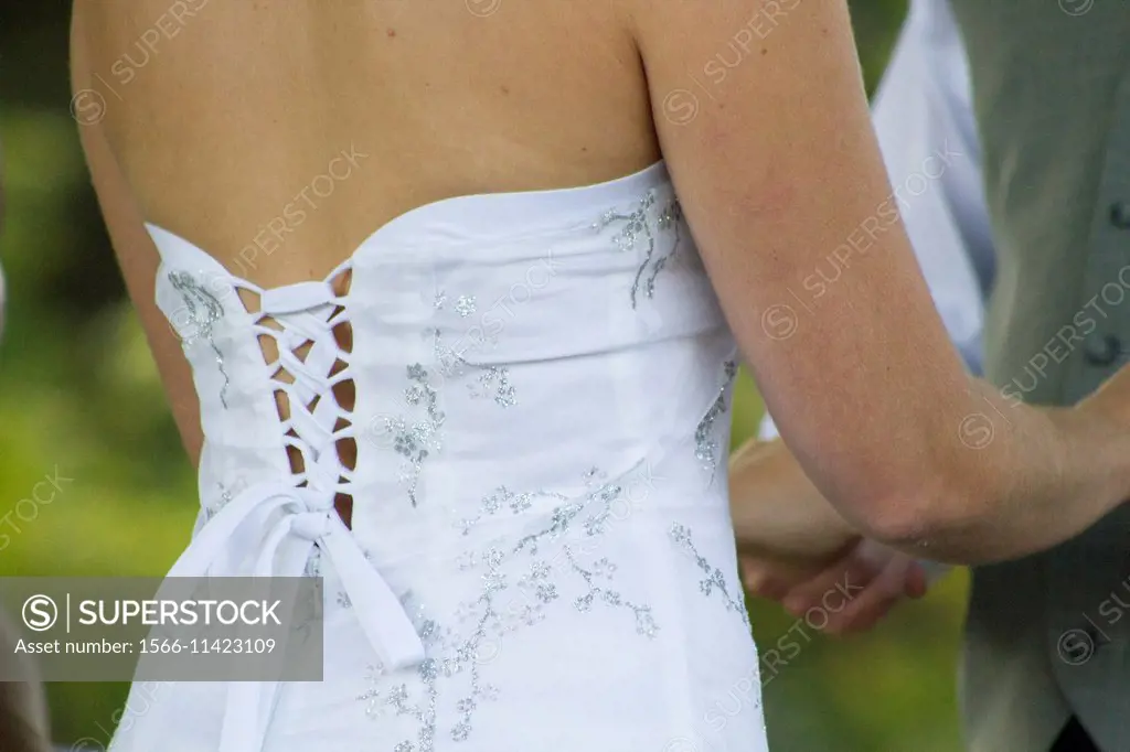 Back of a wedding dress of the bride during the wedding of a geek with a beauty. They were married by a beautiful African American Minister at the ´´L...