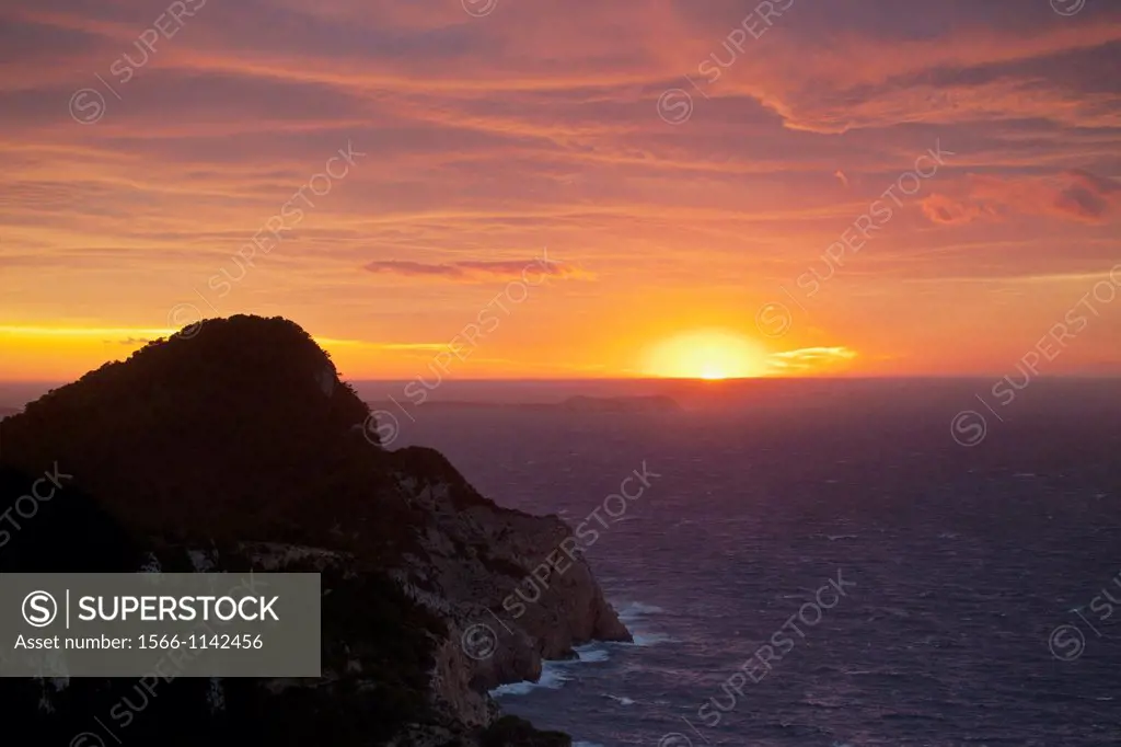 sunset over Nunó Cap, Santa Agnès de Corona, Es Amunts, Ibiza, Balearic Islands, Spain