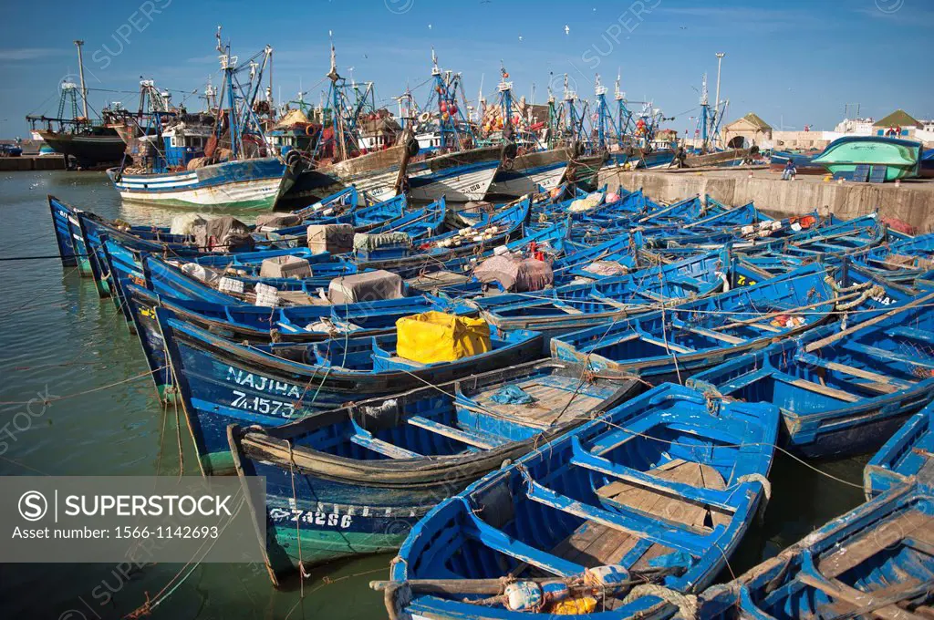 Blue fishing boats in the harbour at Essaouira, Morocco