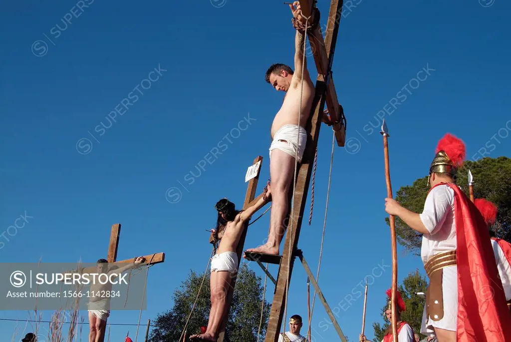 Representation of the crucifixion of Jesus Christ in the Holy week in Alzira, Valencia, Spain