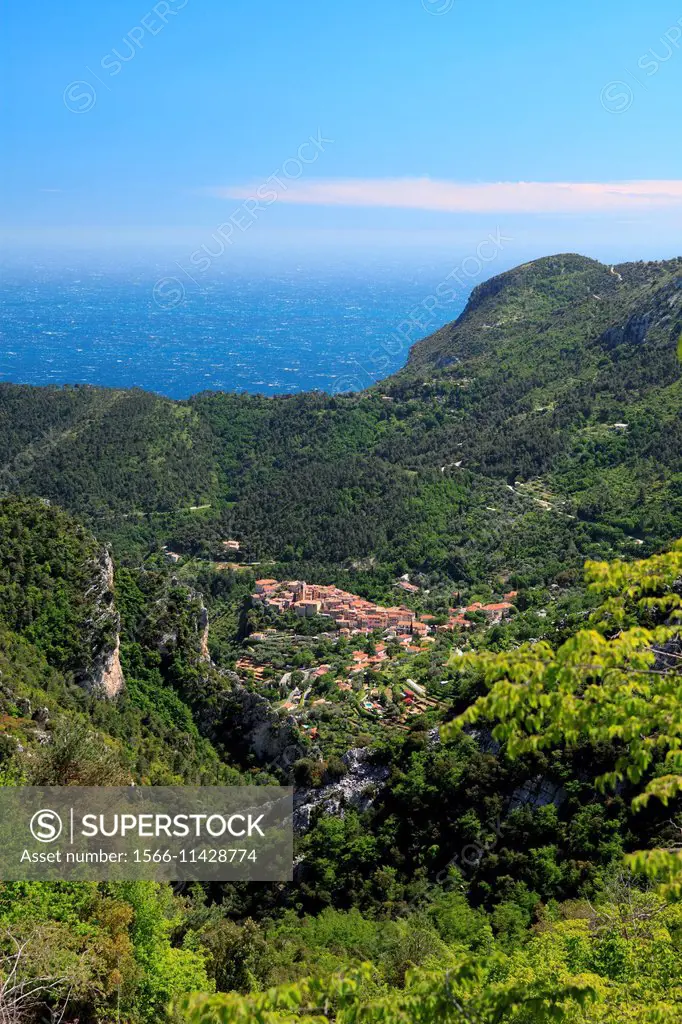 Top view above the village of Gorbio with the sea in the background, Alpes-Maritimes, Provence-Alpes-Côte d´Azur, France.