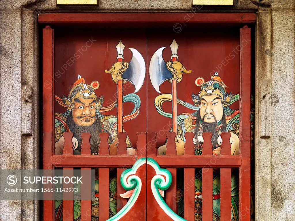 The embellished doors of the Johor Old Chinese Temple, whose paintings depict Chinese Gods   The Johor Old Chinese Temple was built about 120 years a...