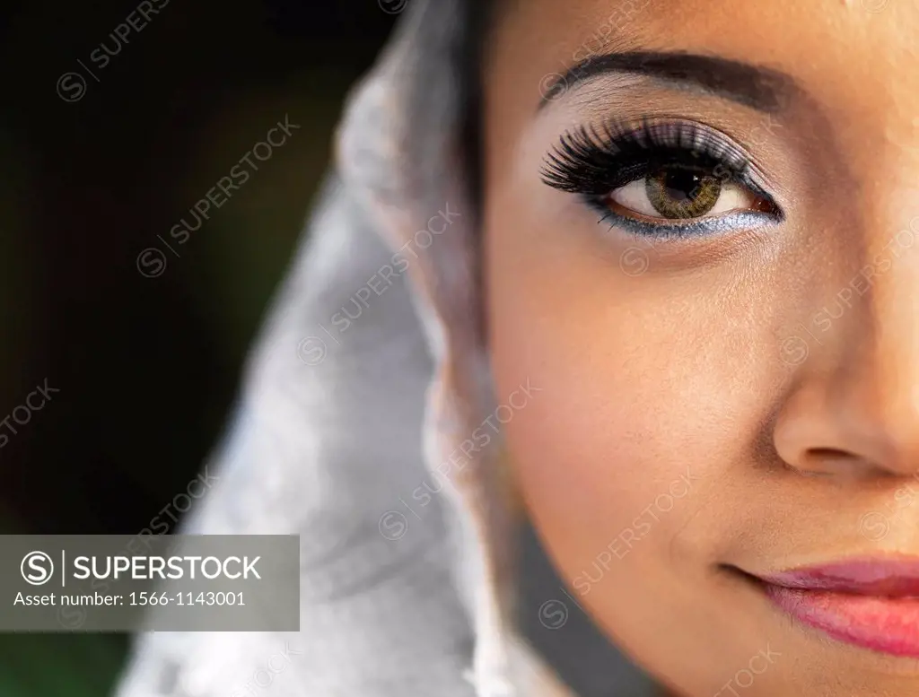 A close-up of a Traditional Malaysian Dancer´s face, with long lashes and stage Make-Up