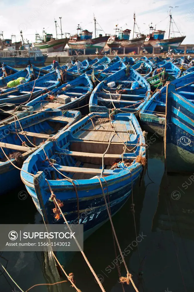 Blue fishing boats in the harbor at Essaouira, Morocco