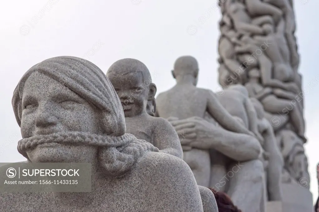 Granite statues illustrating relationships between adults and children. Oslo, Ostlandet. Norway.
