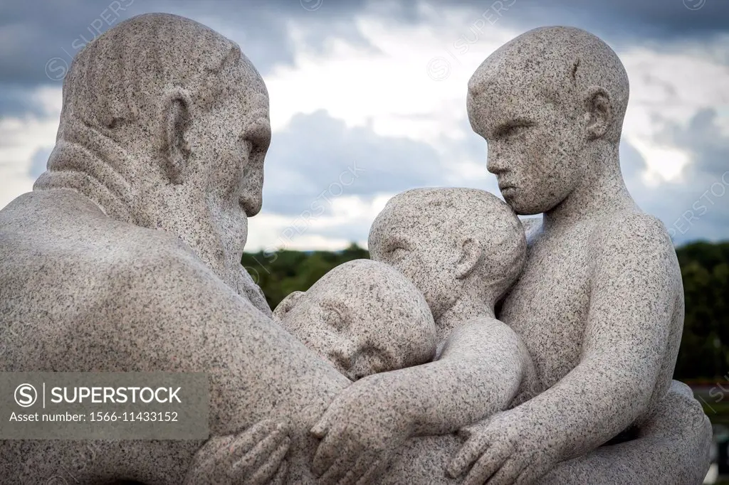 Granite statues illustrating relationships between adults and children. Oslo, Ostlandet. Norway.