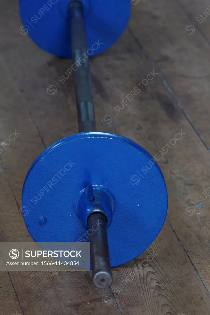 Blue dumb bells lying on a wooden floor.