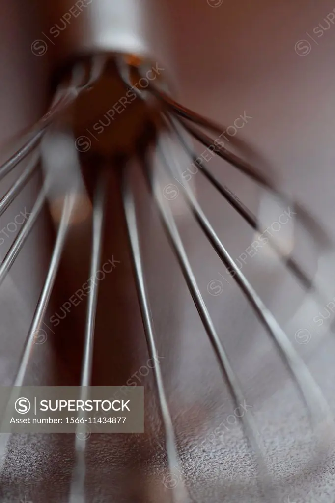 Close up of a metal whisk.