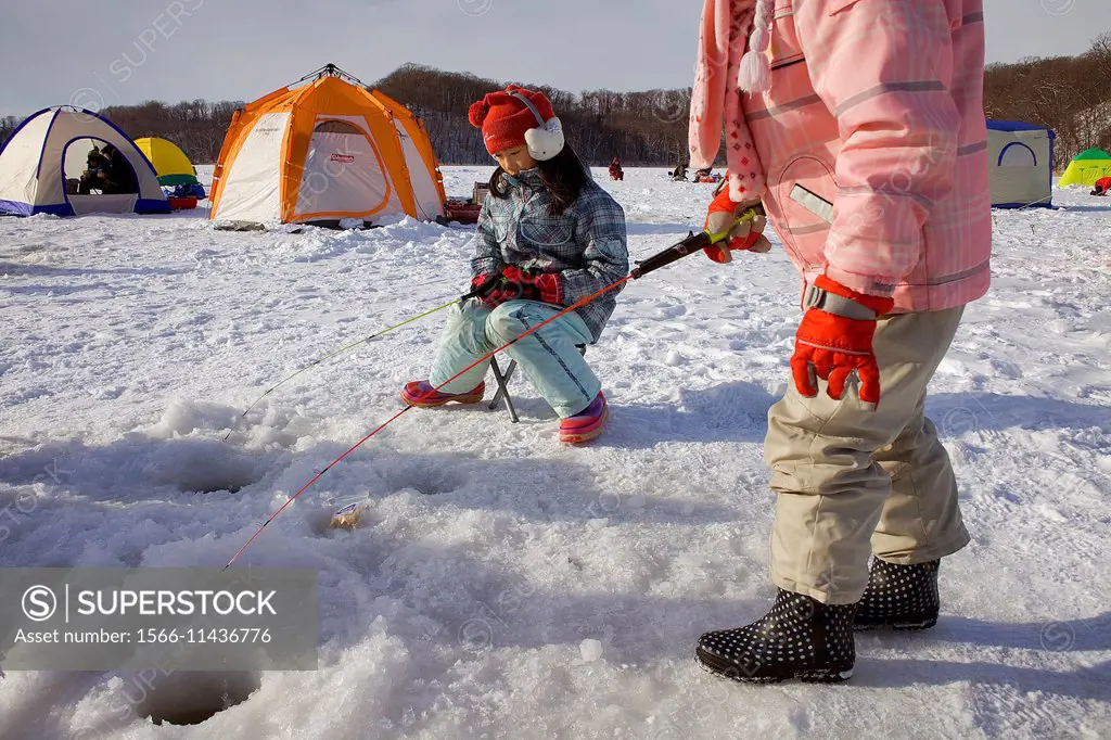 Ice fishing,Abasiri lake,Abashiri, Hokkaido, Japan.