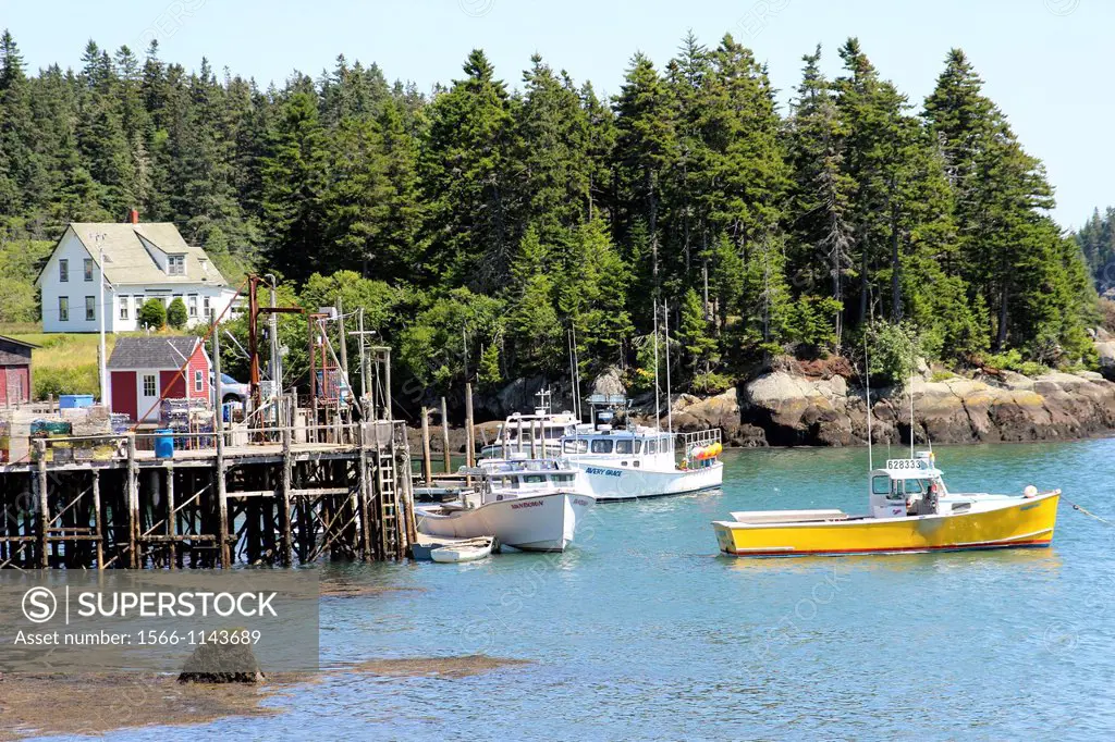 Coast, Maine, New England, USA, calm harbor, boats, at mooring, dock, launch, skiff, lobster boats, Cutler Harbor.