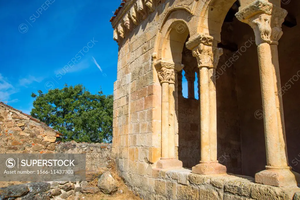 Detail of the facade of the Romanesque church. Sotosalbos, Segovia province, Castilla Leon, Spain.