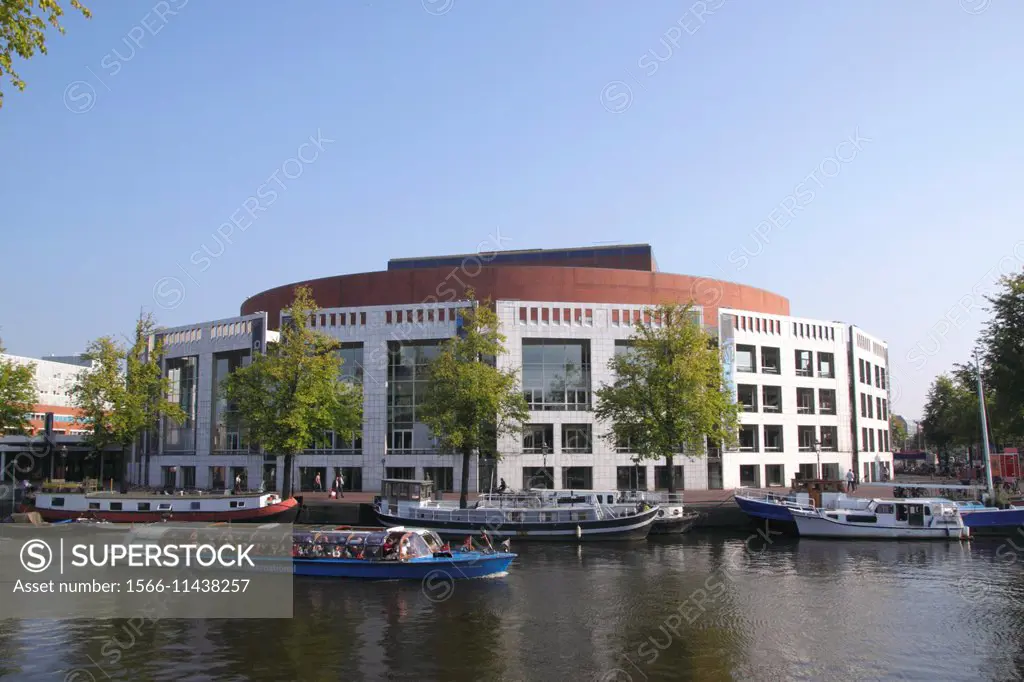 Stadhuis Muziektheatre opera house by Amstel River Amsterdam.