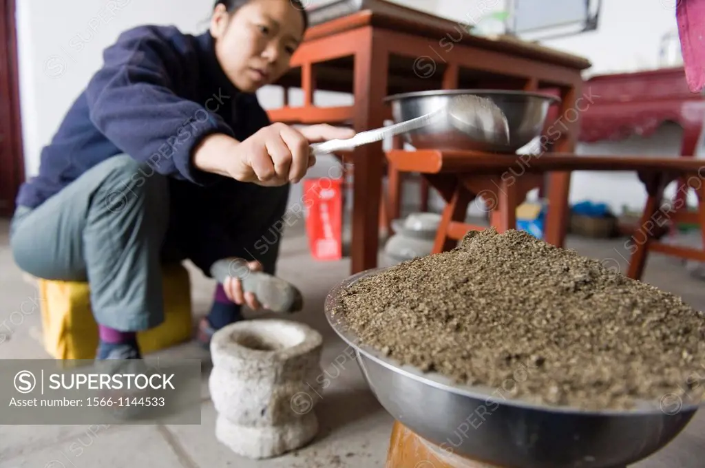 Traditional Shaolin herbs being prepared at the San Huang Zhai Monastery on the Song Mountain, China