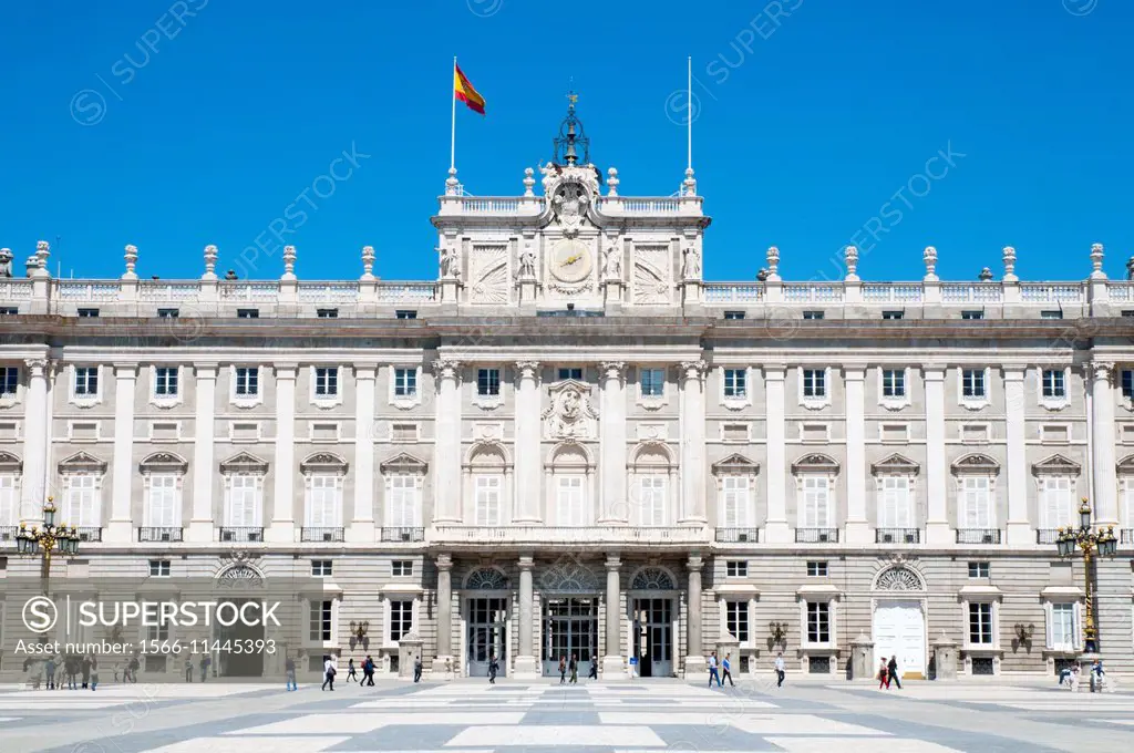 Facade of Royal Palace. Armeria Square, Madrid, Spain.