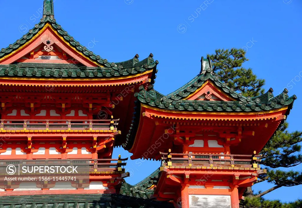 Heian Shrine - Heian Jingu - Shinto shrine in Sakyo-ku, Kyoto, Japan, architectural detail.