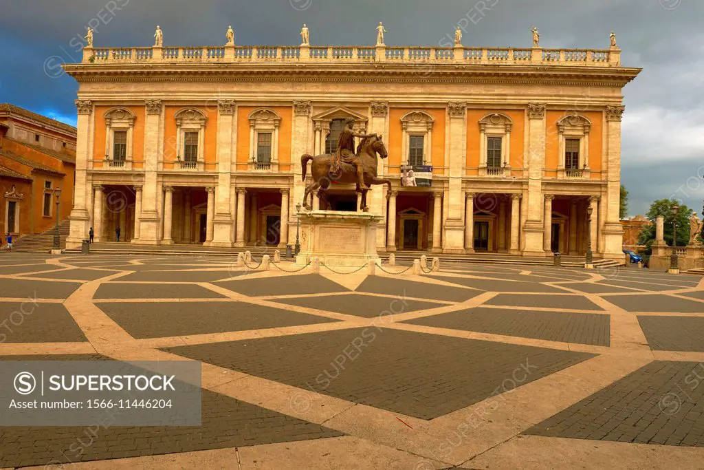 Capitoline hill, Campidoglio square, Piazza del Campidoglio, Capitol Square, Equestrian statue of Marcus Aurelius, Rome, Lazio, Italy, Europe.