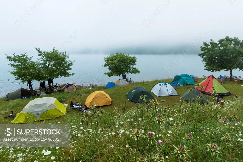 Tents at the banks of Ladon lake. Arcadia, Peloponnese, Greece.