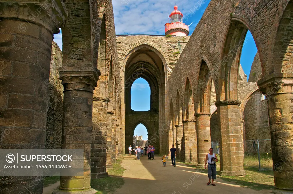 Saint Mathieu Abbey, inside arches, and lighthouse, Plougonvelin, Saint Mathieu Pointe, Brittany, Finistere 29, France.