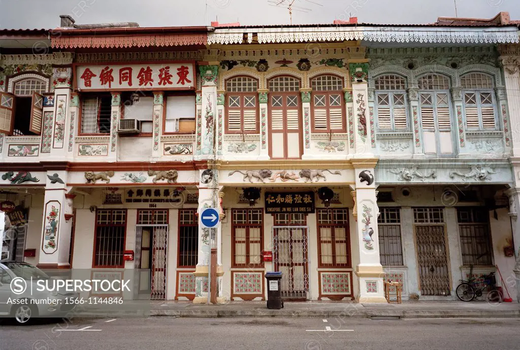 Traditional Peranakan, or Baba Nonya, style shophouses in Singapore in Southeast Asia Far East. Peranakan is a Malay word that refers to the descendan...