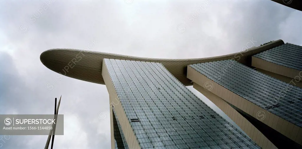 Looking up at the Marina Bay Sands Hotel to the Skypark in Singapore in Southeast Asia Far East