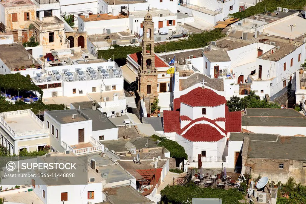 View on the roofs of Lindos with Agia Panagia church, Rhodes, Dodecanese Islands, Greece.