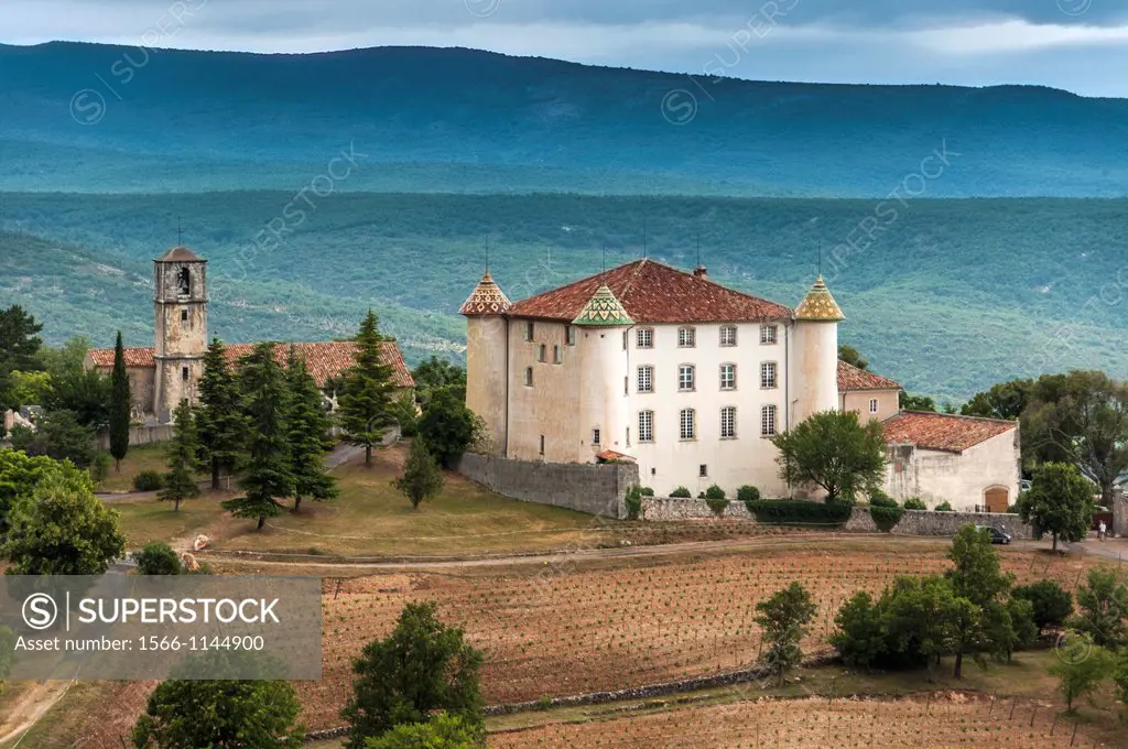 Europe, France, Var, Regional Natural Park of Verdon, Gorges du Verdon, Aiguines. The private castle dating from the Renaissance and the Church of St....