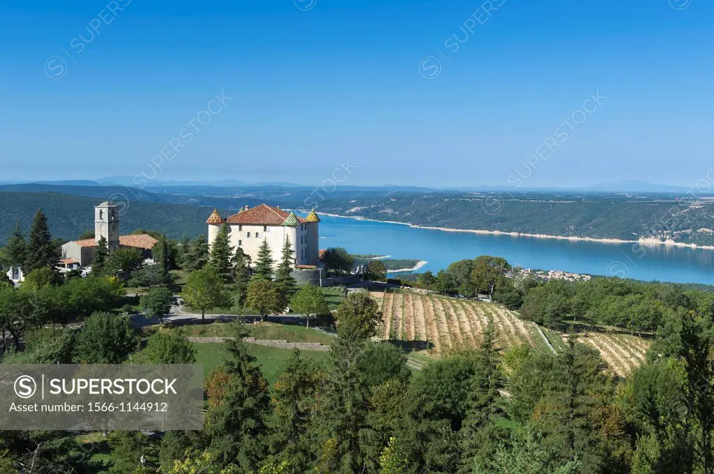 Europe, France, Var, 83, Regional Natural Park of Verdon, Gorges du Verdon, Aiguines. The private castle dating from the Renaissance and the Church of...