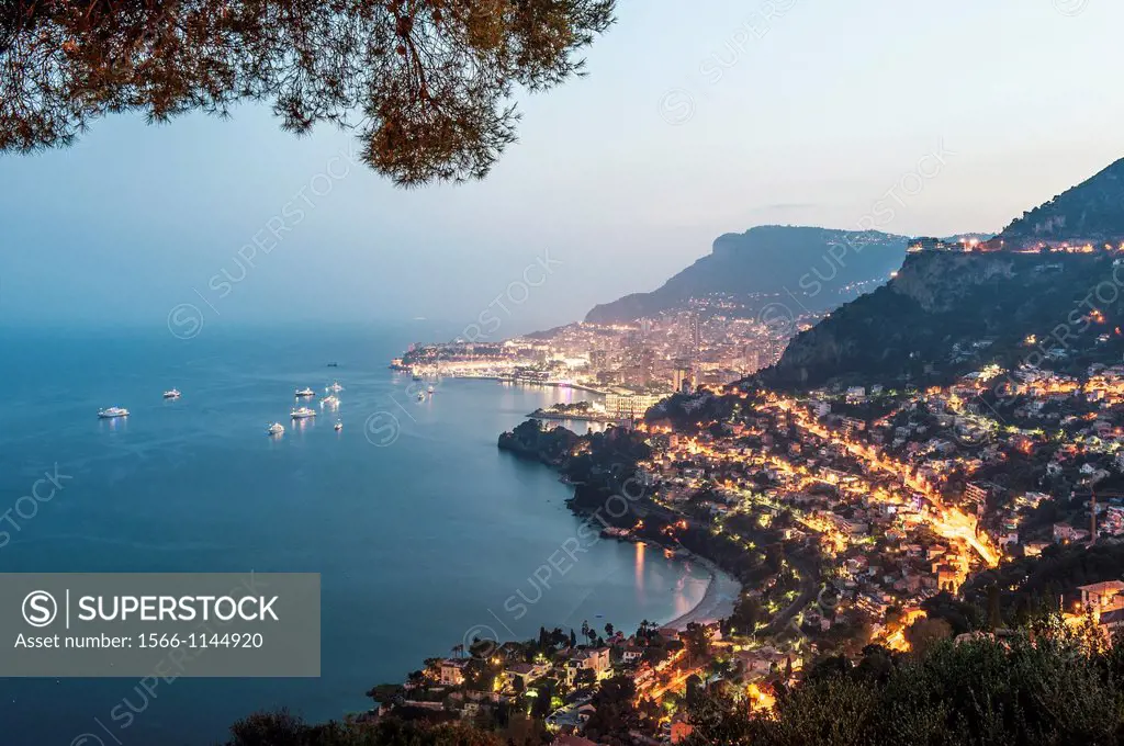 Principality of Monaco, Monte Carlo. Bay of Monaco at twilight.