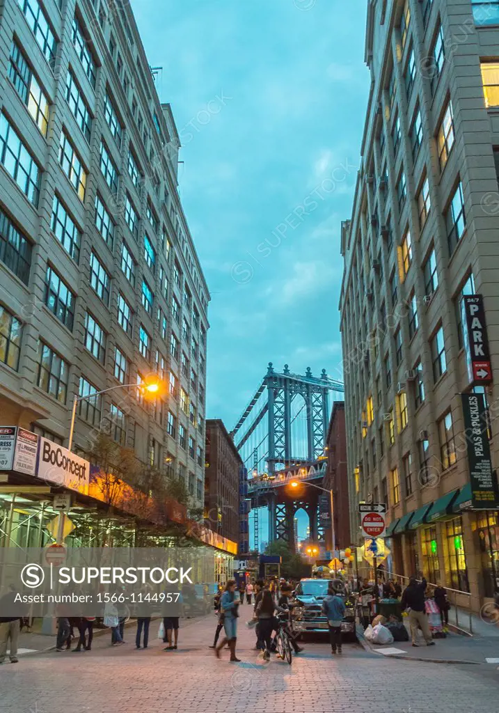 New York City, NY, USA, People Walking on Street at Dusk with Brooklyn Bridge View, Jay Street, in DUMBO Area,