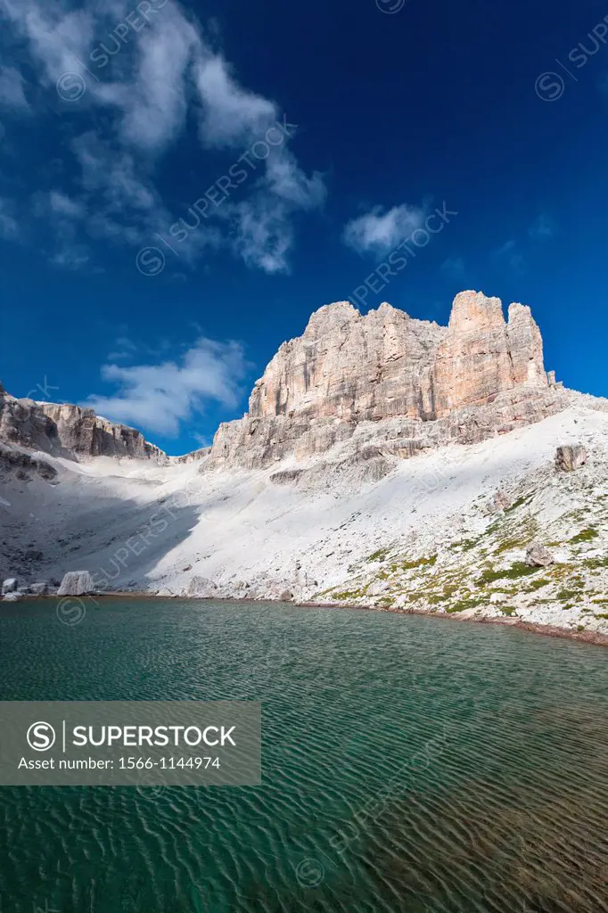 Lake Pisciadù on the trekking high route 2 in the Dolomites, Alps, Italy, Europe