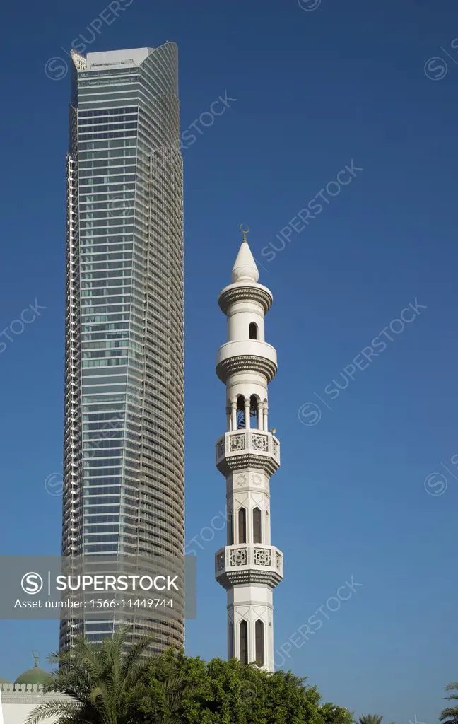 Mosque and modern building downtown Abu Dhabi, UAE