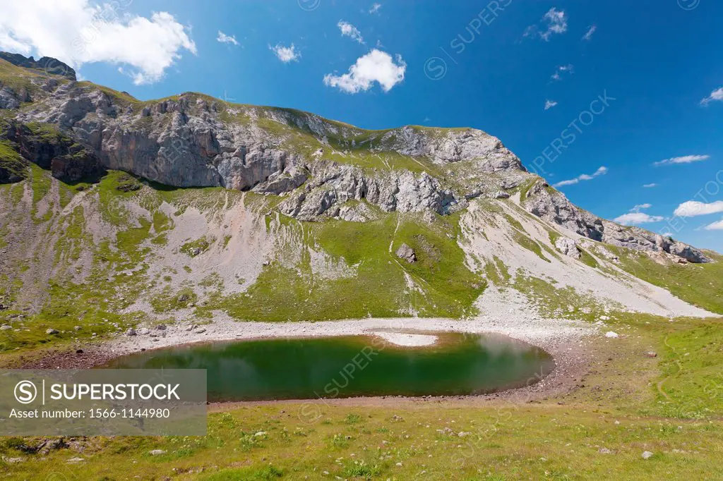 Lac lake dei Negher beneath Cime dell´Auta mountains, Falcade, Dolomites, Alps, Italy, Europe